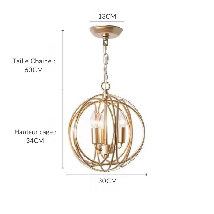 Suspension cage dorée au diamètre de 30 cm taille, parfaite pour des espaces contemporains.