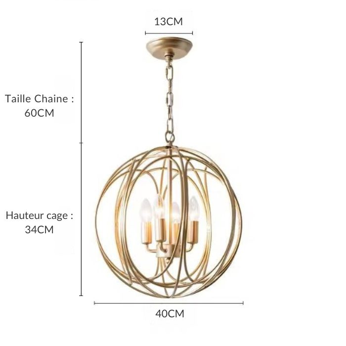 Suspension cage dorée au diamètre de 40 cm, idéale pour salons, salles à manger, entrée ou chambre.