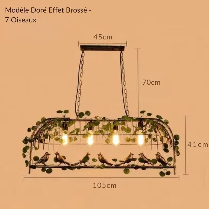 Suspension cage à oiseau dorée avec 7 oiseaux, luminaire décoratif XXL pour un éclairage naturel et sophistiqué.