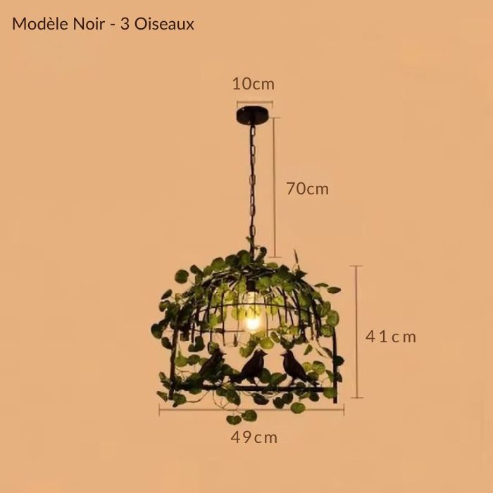 Suspension cage à oiseau noire avec 3 oiseaux et feuillage, luminaire décoratif au design vintage pour un éclairage chaleureux.