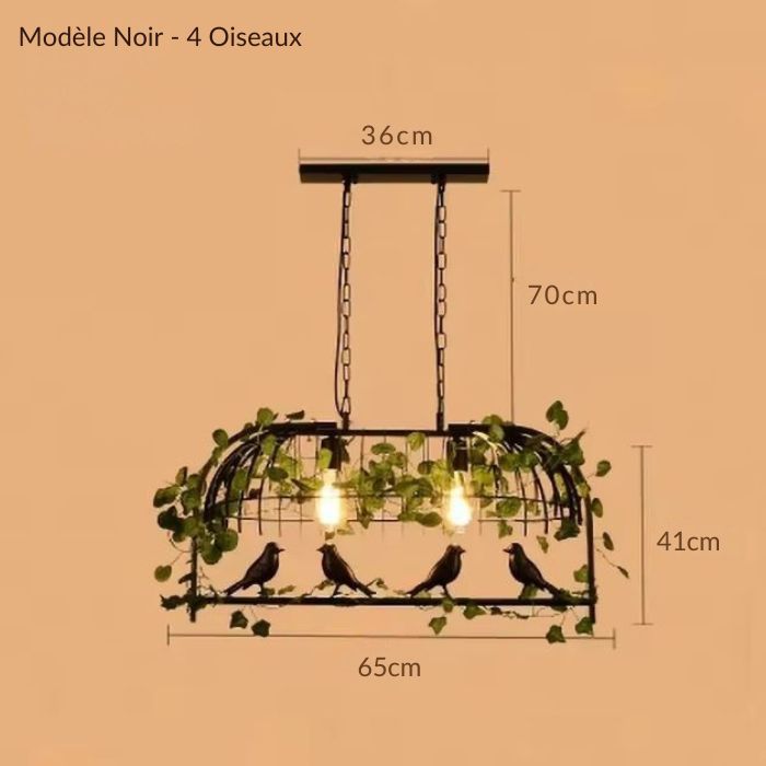 Luminaire cage à oiseaux noir avec 4 oiseaux, design industriel et feuillage décoratif pour un éclairage unique.