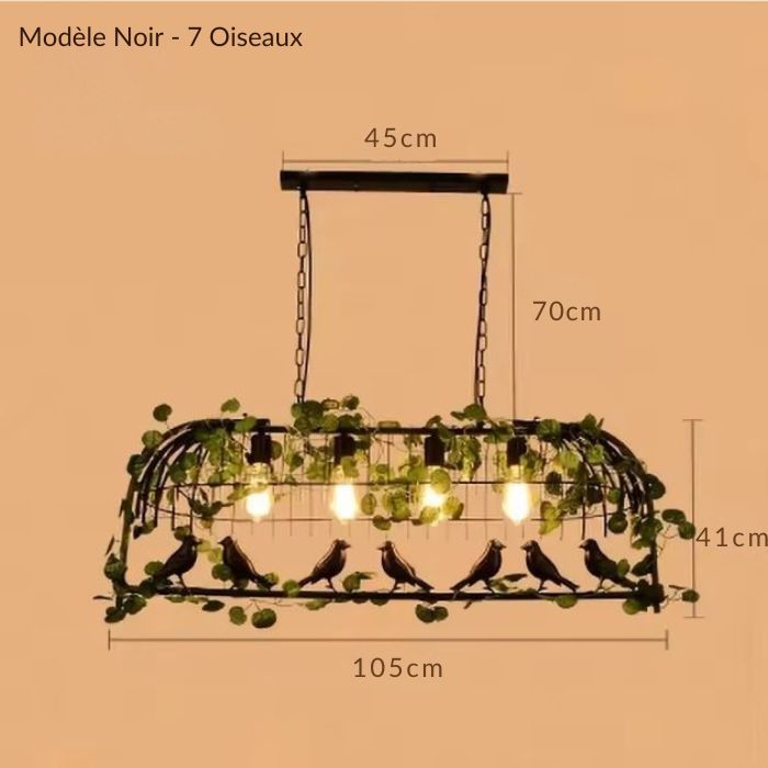 Luminaire cage à oiseaux noir avec 7 oiseaux, grande suspension au design rétro avec feuillage et ampoules apparentes.