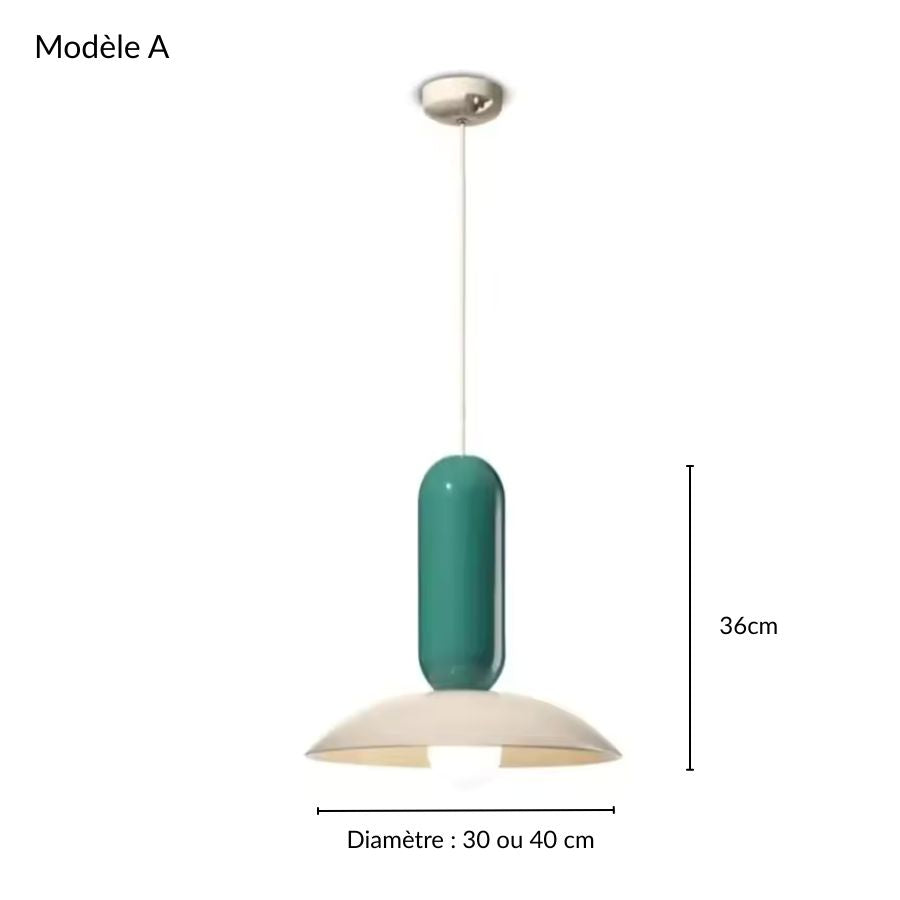 Suspension Capsule Pop verte et blanche à disque bombé, modèle rétro disponible en diamètre 30 ou 40 cm