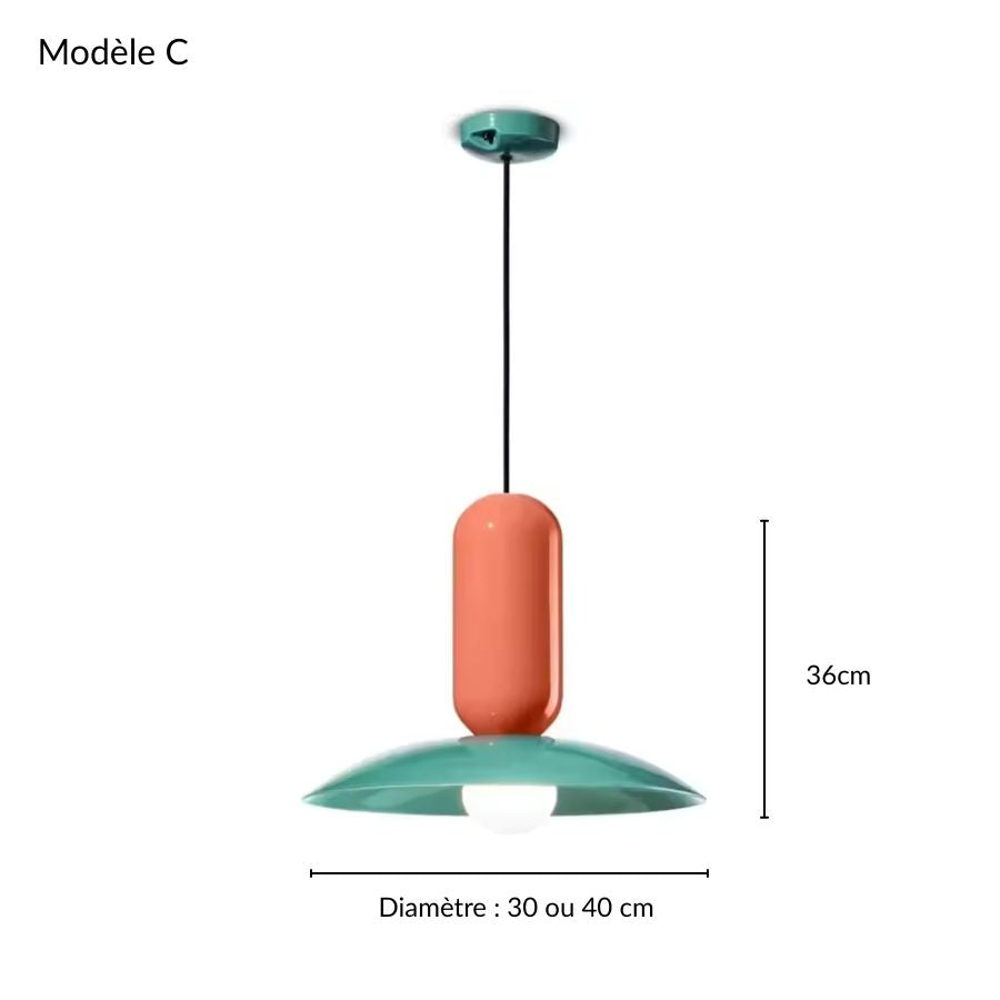 Suspension Capsule Pop verte et orange au style Bauhaus, avec silhouette capsule et large disque bombé