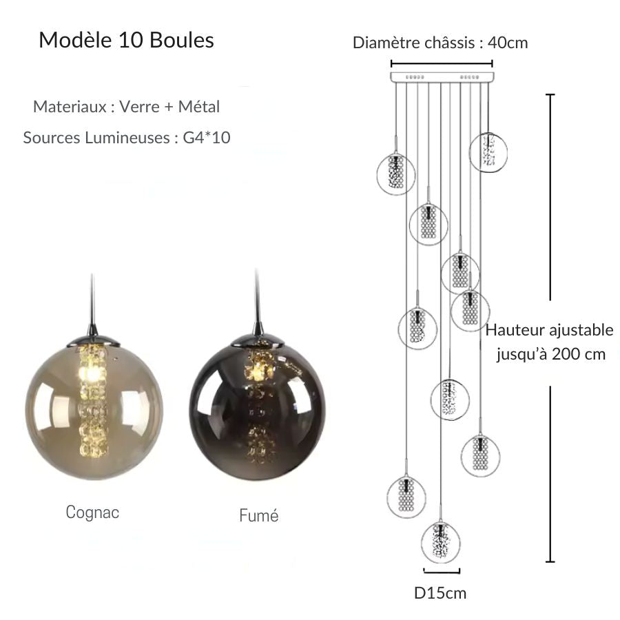 Suspension cascade à 10 globes en verre, design contemporain vertical pour plafond haut
