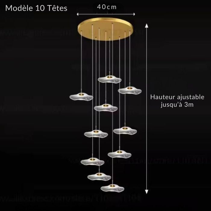 Suspension cascade à 10 lumières, hauteur réglable jusqu’à 3 mètres, parfaite pour les volumes plus grand.
