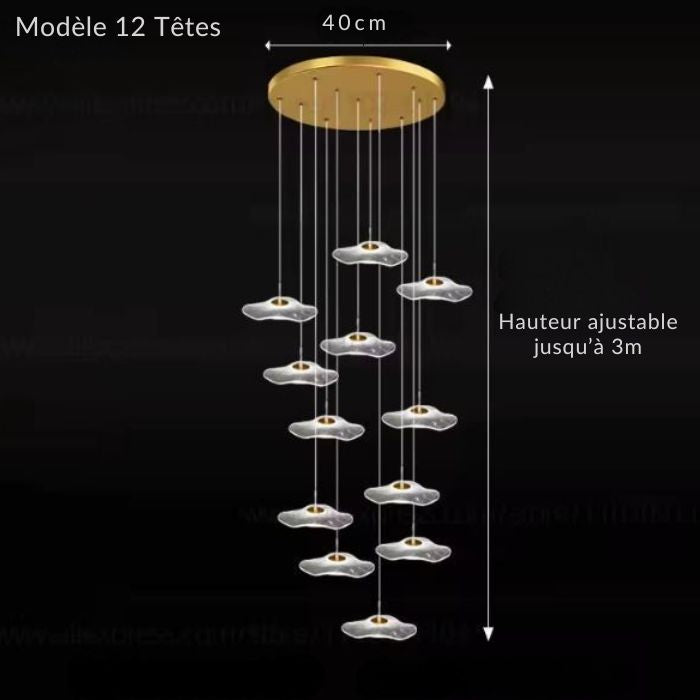 Suspension cascade à 12 têtes pour escalier ou mezzanine, avec hauteur réglable jusqu’à 3 mètres.