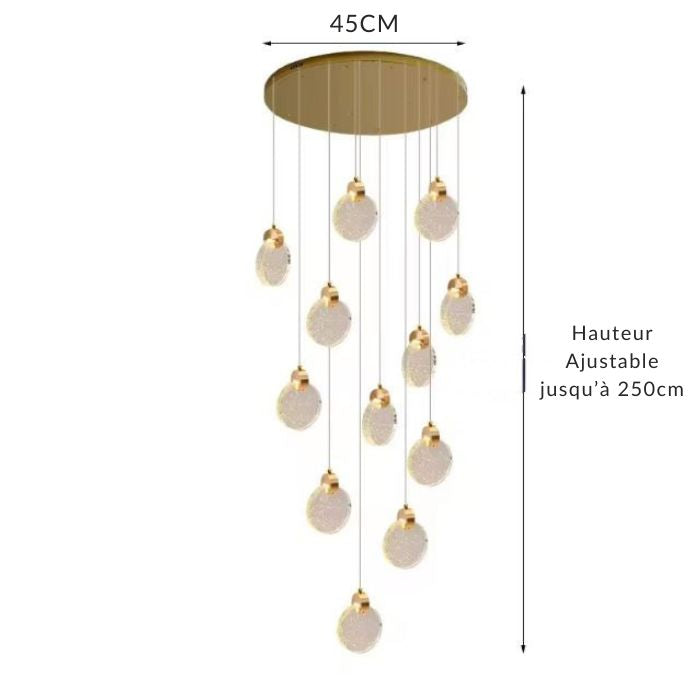 Suspension en cascade moderne avec 12 têtes, design élégant pour halls ou espaces contemporains.