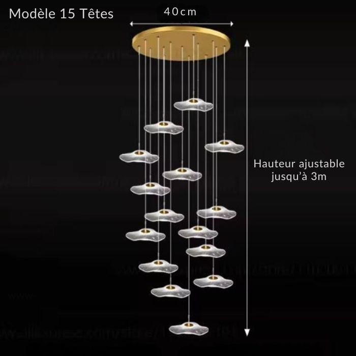 Suspension cascade majestueuse à 15 lumières, idéale pour les grands volumes au style contemporain affirmé.