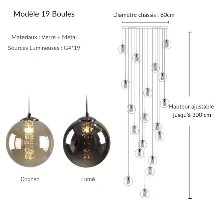 Suspension cascade à 19 globes en verre, grand luminaire contemporain adapté aux plafonds hauts
