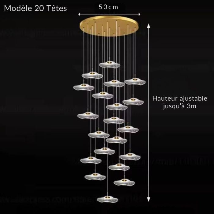 Suspension cascade grand modèle à 20 têtes, parfaite pour une entrée monumentale ou un plafond cathédrale.