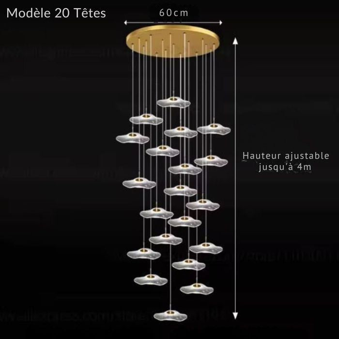 Suspension cascade grand modèle à 20 têtes, parfaite pour une entrée monumentale ou un plafond cathédrale.