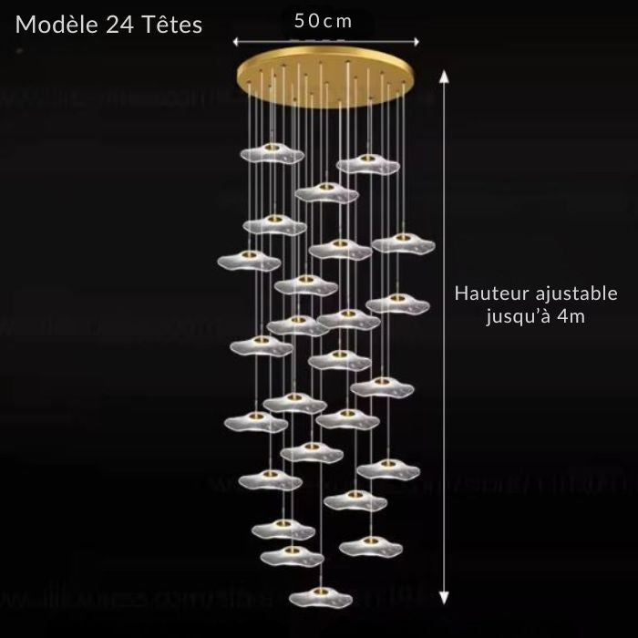 Suspension cascade à 24 lumières pour grande hauteur sous plafond, idéale pour halls ou projets architecturaux.