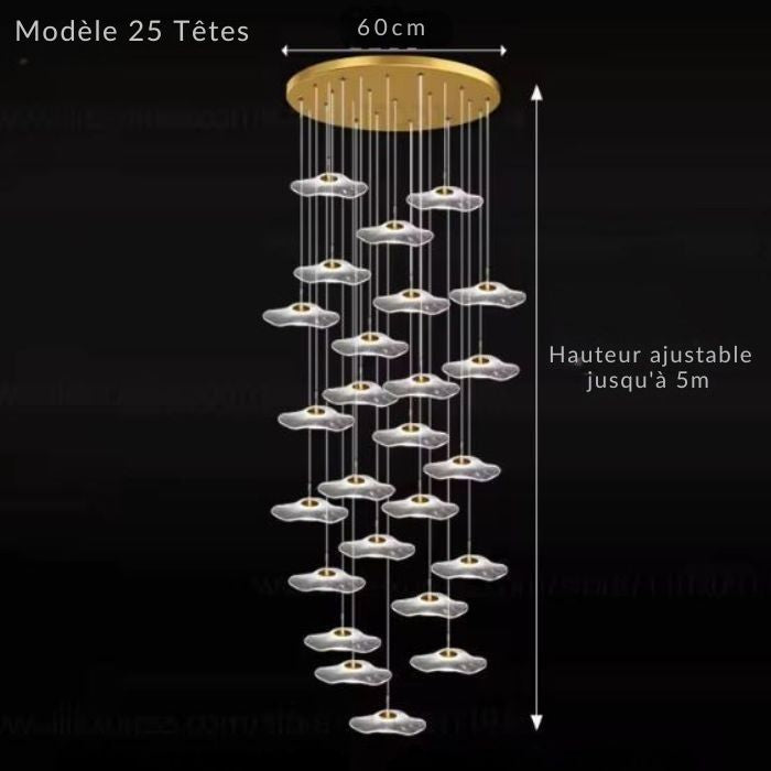 Suspension cascade à 25 lumières pour grande hauteur sous plafond, idéale pour halls ou projets architecturaux.