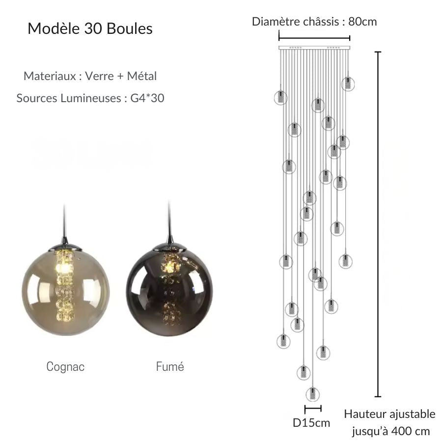 Suspension XXL à 30 globes en verre, spectaculaire cascade lumineuse contemporaine de grande hauteur