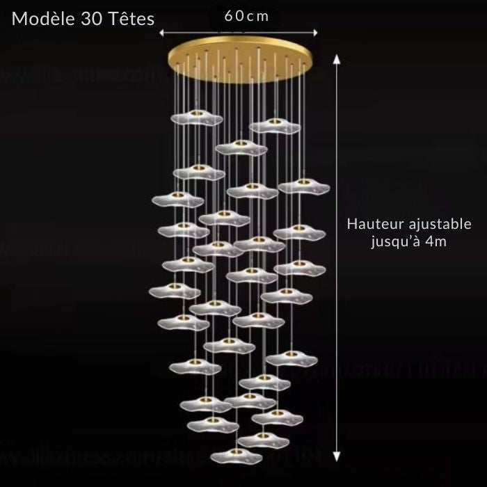 Suspension cascade monumentale à 30 têtes, idéale pour un effet spectaculaire dans un espace haut de gamme.
