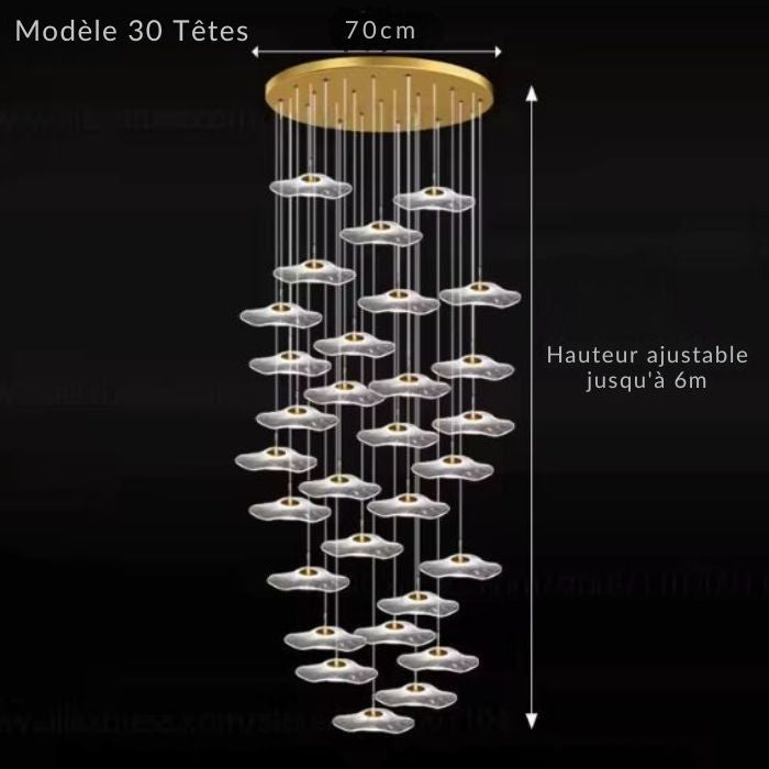 Suspension cascade monumentale à 30 têtes, idéale pour un effet spectaculaire dans un espace haut de gamme.