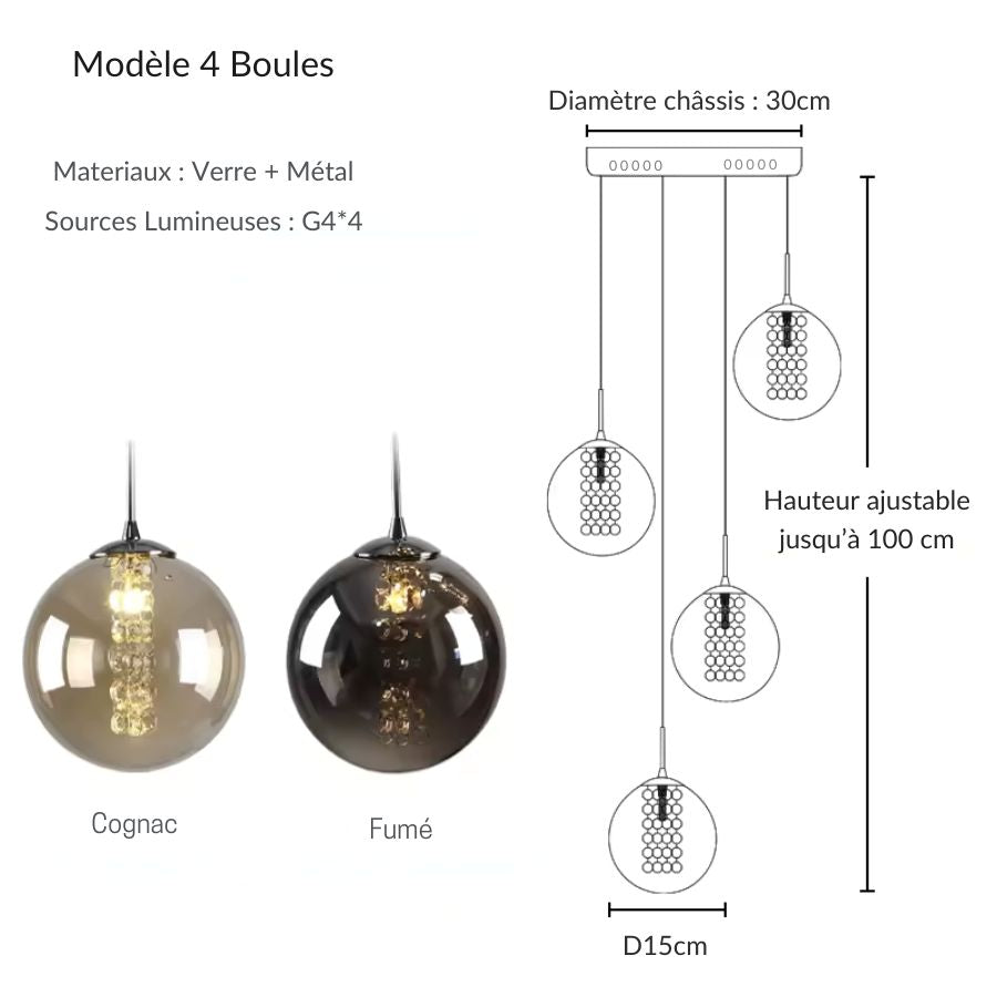 Suspension cascade à 4 boules en verre fumé ou cognac, composition lumineuse moderne à perles