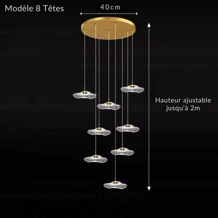 Suspension cascade à 8 têtes avec hauteur ajustable, idéale pour les pièces avec plafond intermédiaire.