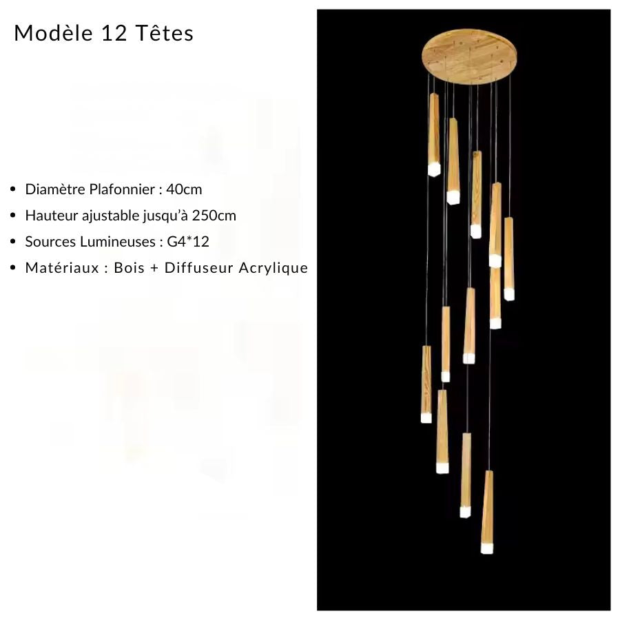 Grande suspension en bois à 12 tiges lumineuses en cascade, pensée pour les intérieurs à plafond haut