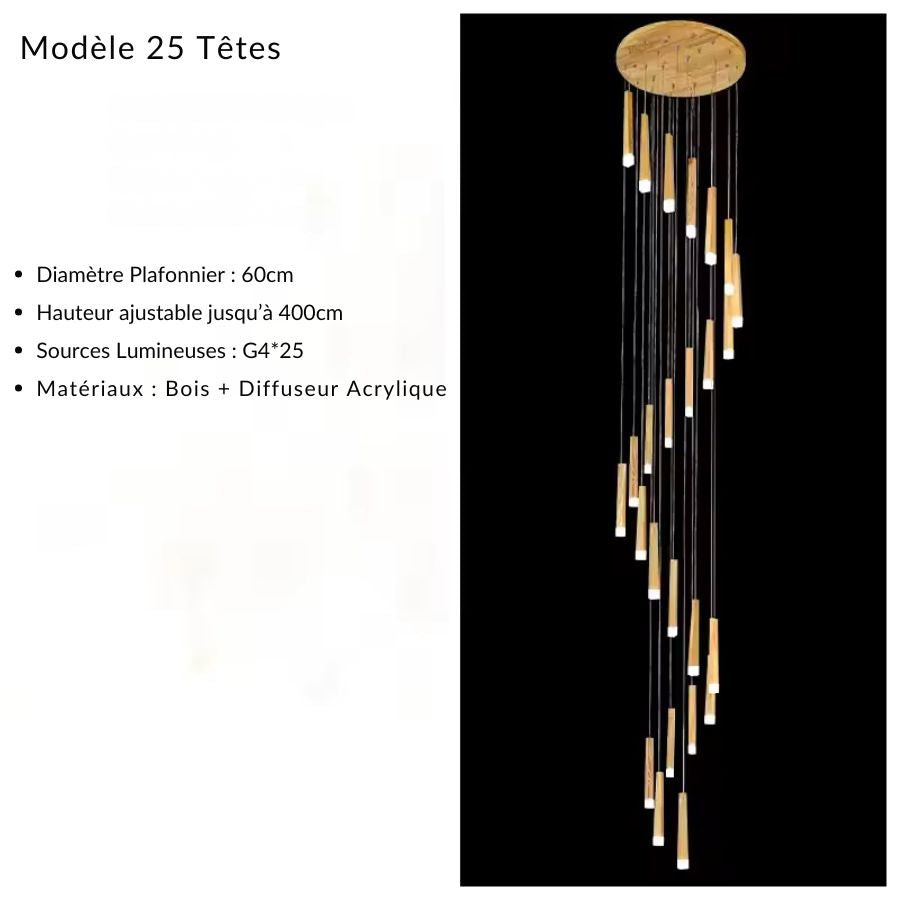 Suspension XXL en bois à 25 tiges lumineuses suspendues en cascade pour un espace à grande hauteur