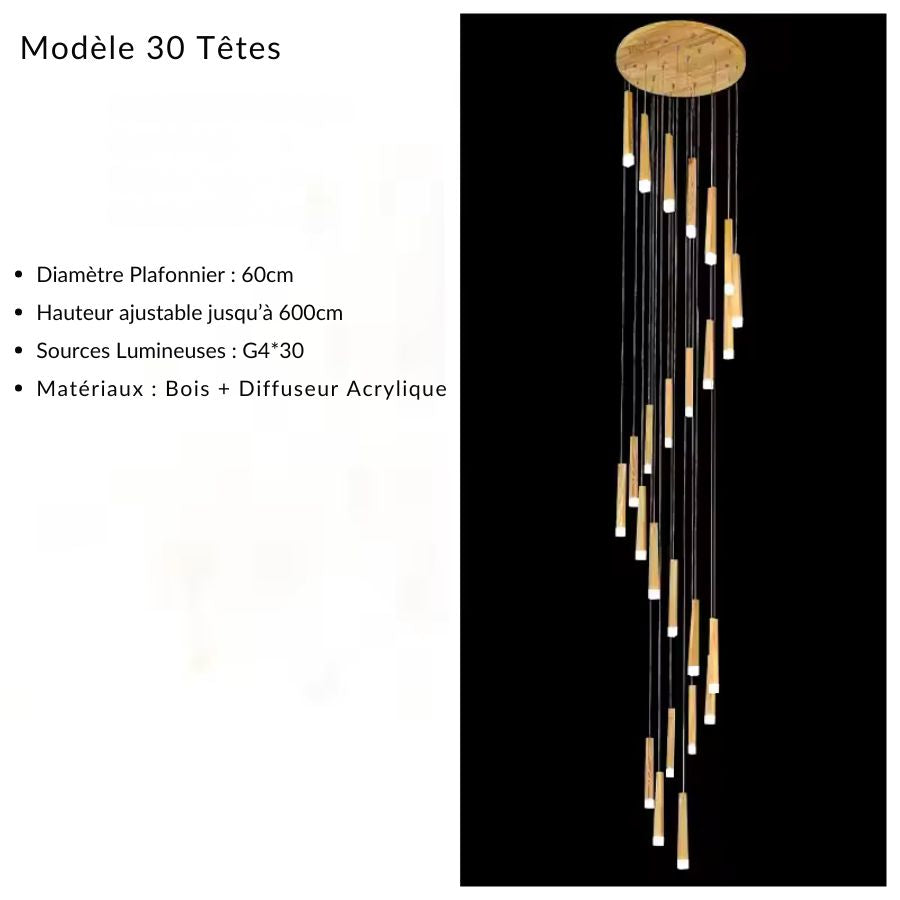 Cascade monumentale de 30 tiges lumineuses en bois, au design contemporain pour très grande hauteur