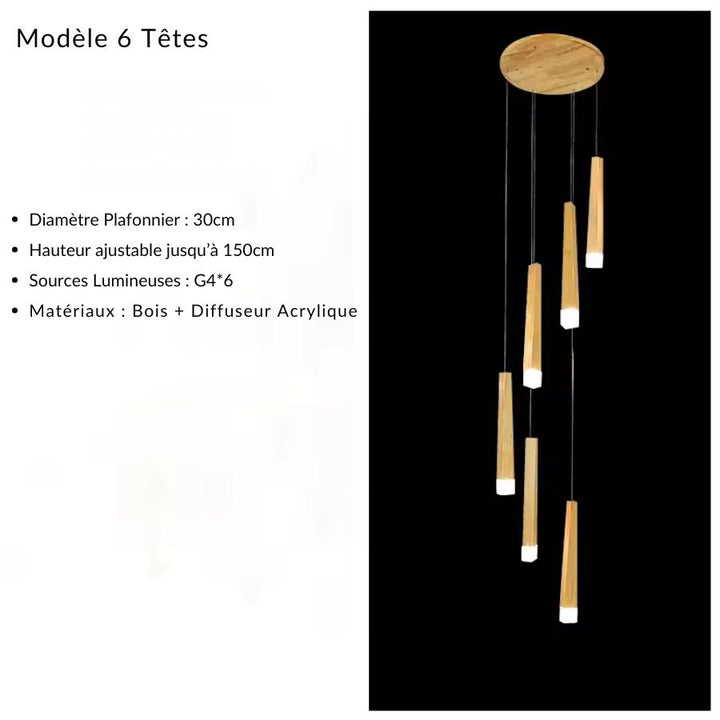 Suspension cascade en bois à 6 tiges lumineuses, au style naturel et épuré, réglable jusqu’à 150 cm