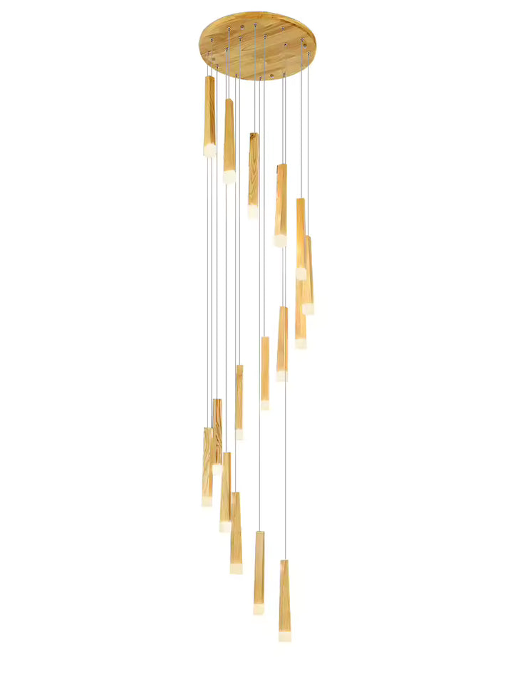 Grande suspension cascade en bois au style minimaliste, composée de fines tiges lumineuses à différentes hauteurs