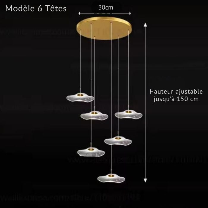 Suspension cascade à 6 nénuphars lumineux, au design organique et contemporain pour une grande hauteur.