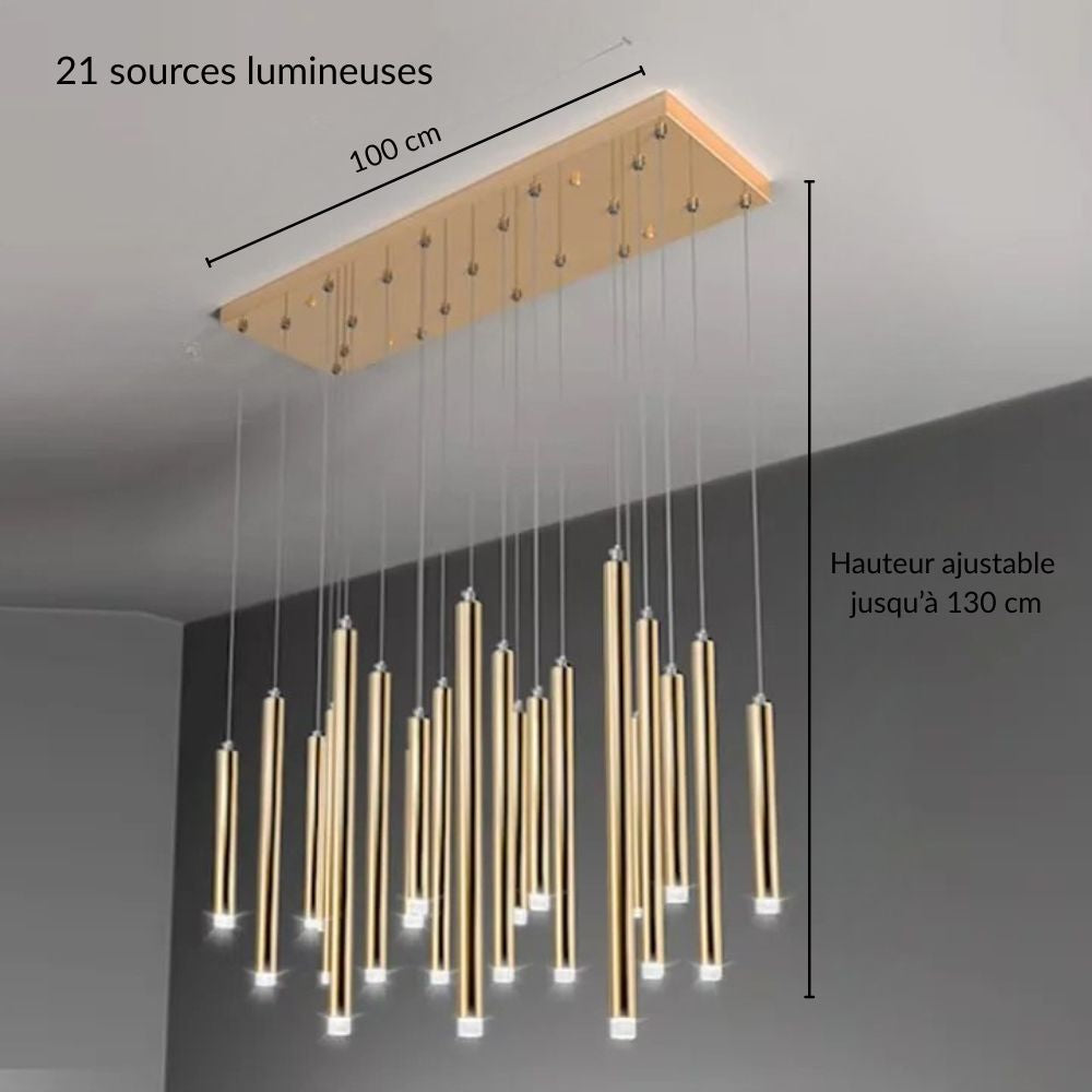 Suspension cascade dorée avec indications de dimensions et hauteurs ajustables.