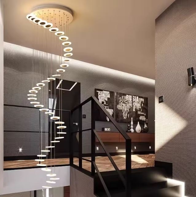 Suspension cascade pour escalier avec design moderne et éclairage LED, parfaite pour un intérieur élégant.