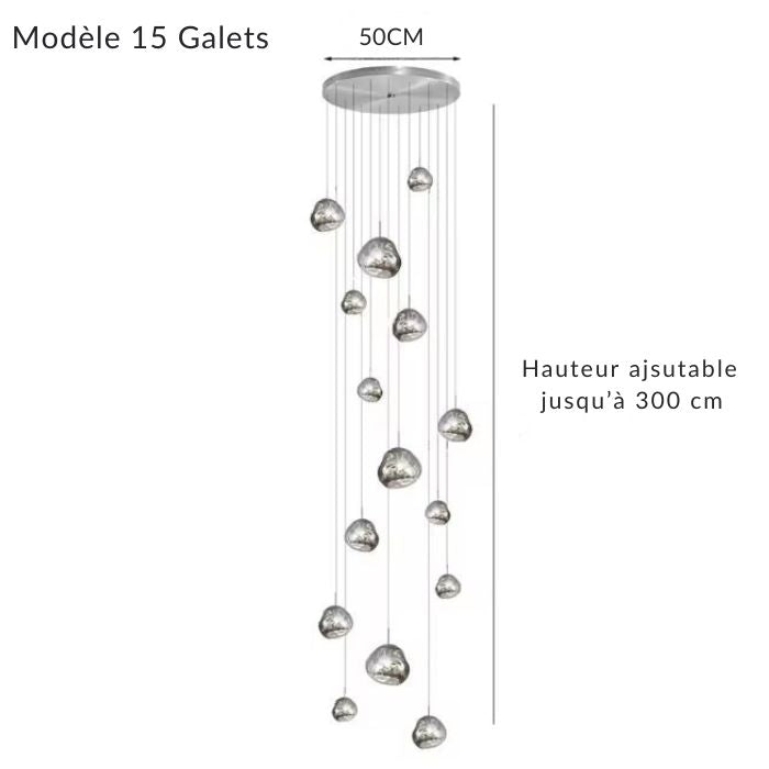 Suspension cascade de galets effet miroir, 15 lumières, parfaite pour une cage d’escalier moderne et élégante.