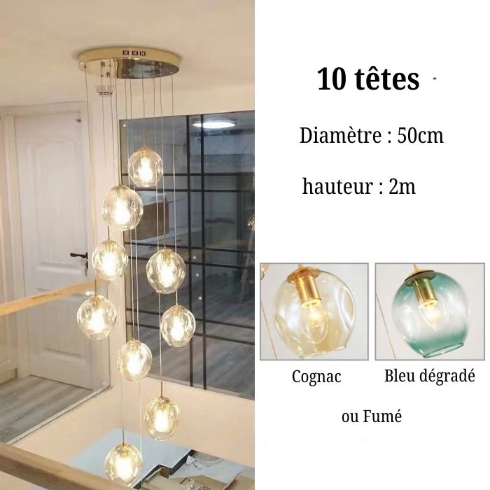 Suspension Cascade de Globes en Verre à 10 têtes suspendue près d’un escalier moderne pour un effet décoratif spectaculaire