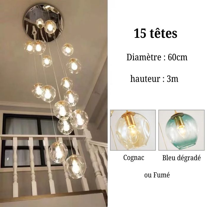 Suspension Cascade de Globes en Verre à 15 têtes en finition cognac offrant une lumière chaude et élégante