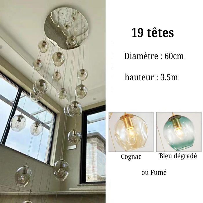 Suspension Cascade de Globes en Verre à 19 têtes en bleu dégradé apportant une touche moderne et artistique à l’intérieur