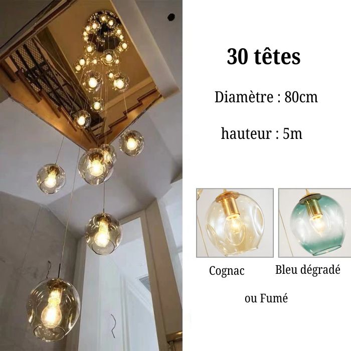 Suspension Cascade de Globes en Verre à 30 têtes idéale pour grand espace avec éclairage spectaculaire et design moderne