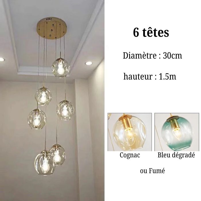 Suspension Cascade de Globes en Verre à 6 têtes avec design moderne et éclairage élégant pour intérieur contemporain