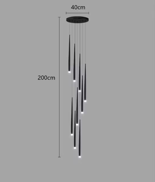 Suspension cascade grande hauteur noire avec dimensions de 200 cm de hauteur et 40 cm de diamètre.