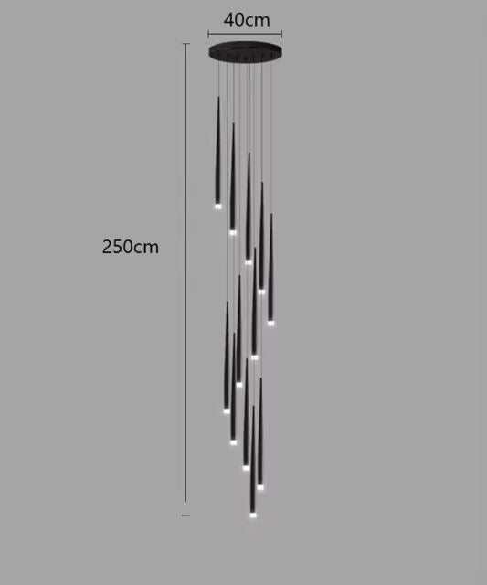 Suspension cascade grande hauteur noire avec dimensions de 250 cm de hauteur et 40 cm de diamètre.