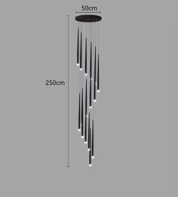 Suspension cascade grande hauteur noire avec dimensions de 250 cm de hauteur et 50 cm de diamètre.