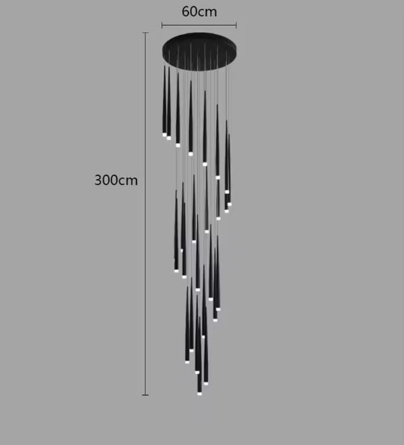 Suspension cascade grande hauteur noire avec dimensions de 300 cm de hauteur et 60 cm de diamètre.