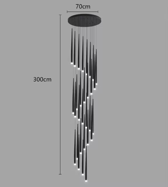 Suspension cascade grande hauteur noire avec dimensions de 300 cm de hauteur et 70 cm de diamètre.