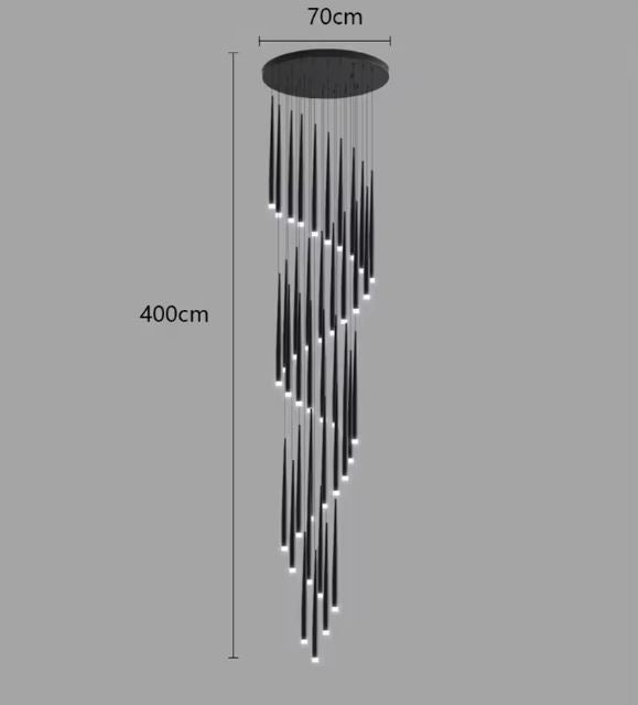 Suspension cascade grande hauteur noire avec design moderne et dimensions de 400 cm de hauteur et 70 cm de diamètre.