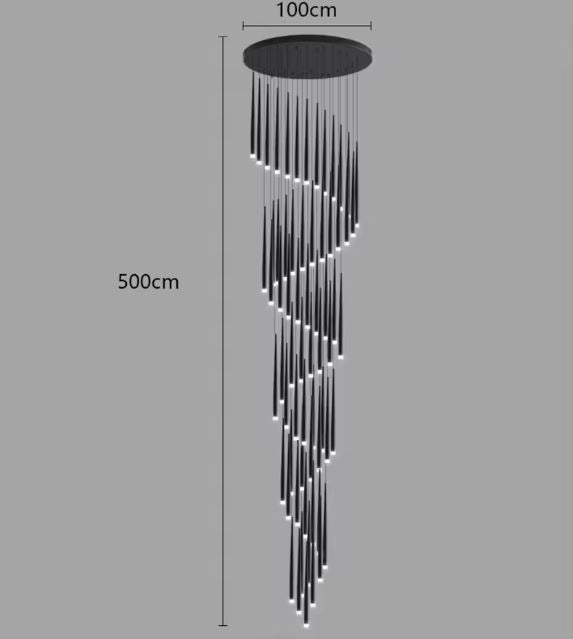 Suspension cascade grande hauteur noire avec design moderne et dimensions de 500 cm de hauteur et 100 cm de diamètre.