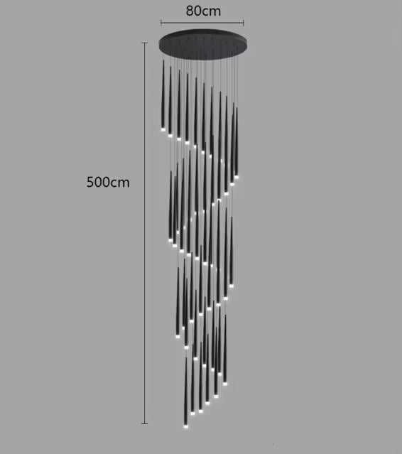 Suspension cascade grande hauteur noire avec design contemporain et dimensions de 500 cm de hauteur et 80 cm de diamètre.