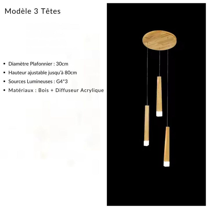 Suspension en bois à 3 tiges lumineuses au design minimaliste, avec hauteur réglable jusqu’à 80 cm