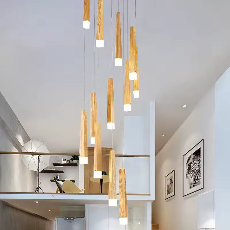 Suspension cascade en bois à longues tiges lumineuses, au design naturel et contemporain pour plafond haut