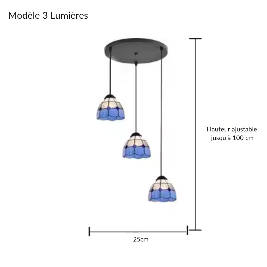 Suspension cascade Tiffany en vitrail bleu à 3 lumières, hauteur réglable jusqu’à 100 cm