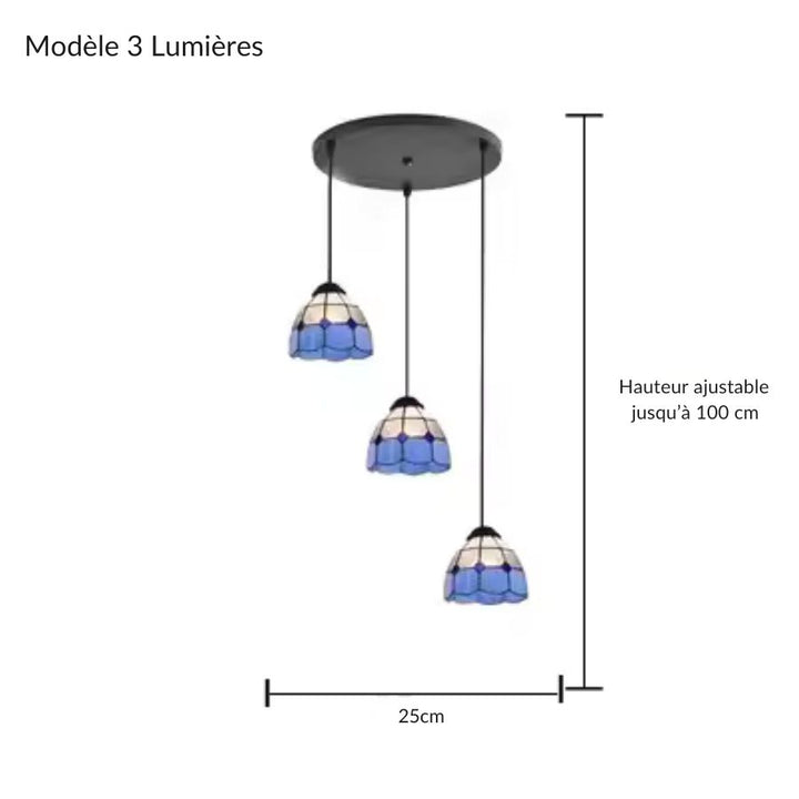 Suspension cascade Tiffany en vitrail bleu à 3 lumières, hauteur réglable jusqu’à 100 cm