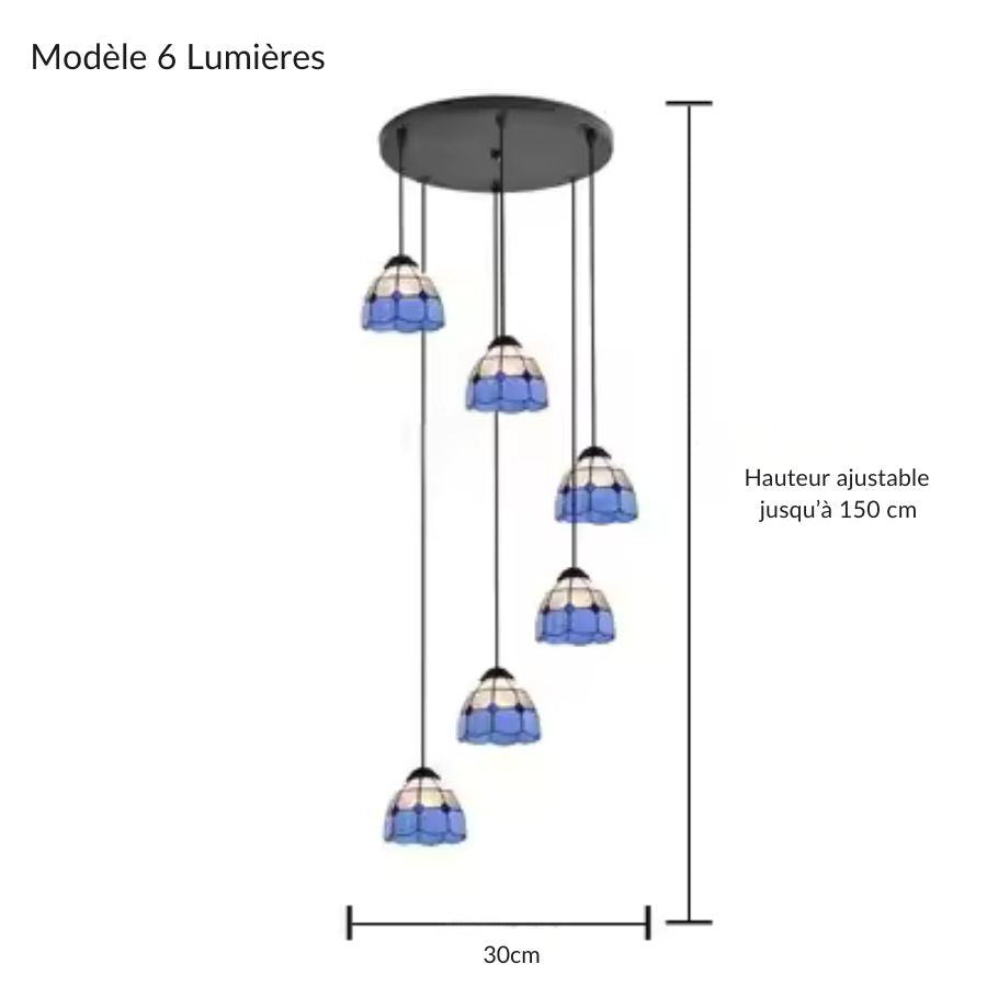 Modèle 6 lumières de suspension en cascade en vitrail bleu style Tiffany, réglable jusqu’à 150 cm
